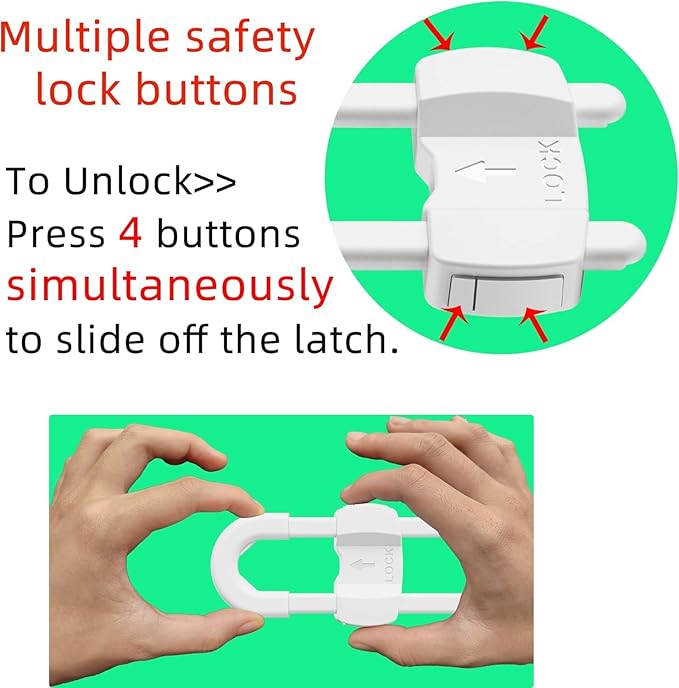 (3 pack white) 4 button Cabinet Locks, U-Shaped Proofing Drawers Safety Child Locks Adjustable, for Wardrobe,Kitchen,Bathroom,Drawer,Fridge,Cupboard Doors Knobs & Handles