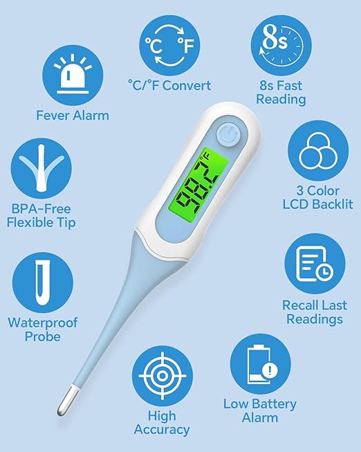 Oral Thermometer with 8s Fast Reading, 3 Colors Backlit, Fever Alert, High Accuracy Medical Basal Thermometer for Adults and Kids, Baby Digital Thermometer for Oral, Rectal, Armpit(Blue)