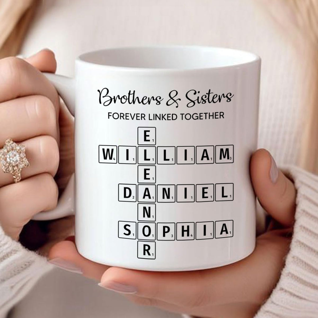 Family Forever Linked Together Custom Names Ceramic Mug, Crossword Puzzle Art, for Birthday, Anniversary or Special Occasions (Brothers & Sisters Forever Linked Together White Mug Ver 1)