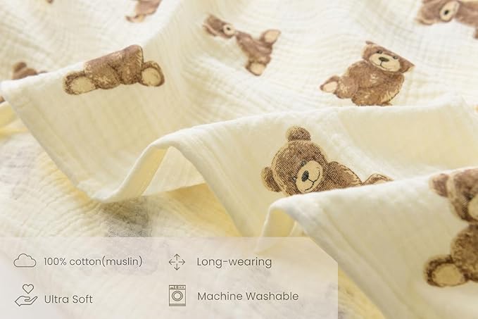 Little Jump Organic Cotton Muslin Baby Lounger Covers, 2 Pack, Soft Removable Slipcovers for Newborn Infant Lounger, for Girls Boys, Coffee Checkered (Teddey Bears & Kakhi)