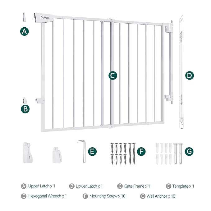 Babelio 34" Tall No Bottom Bar Baby/Dog Gate for Stairs, House and Doorways, 29.7-46.5" Auto Close Safety Pet Gates with Large Walk Thru Door, Hardware Mount, White