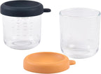 BEABA 2 Pack Glass Baby Food Jars with Soft Silicone Air Tight Lids, 8 oz Glass Storage Containers with Lids, Microwave and Freezer Safe Containers, Midnight