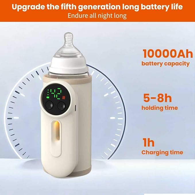 Portable Baby Bottle Warmer Precise Temperature Control via Display Accurate Heating Long-Lasting Battery Life Keeps Warm for 5-8 Hours Charge While Feeding Perfect for Traveling with Baby