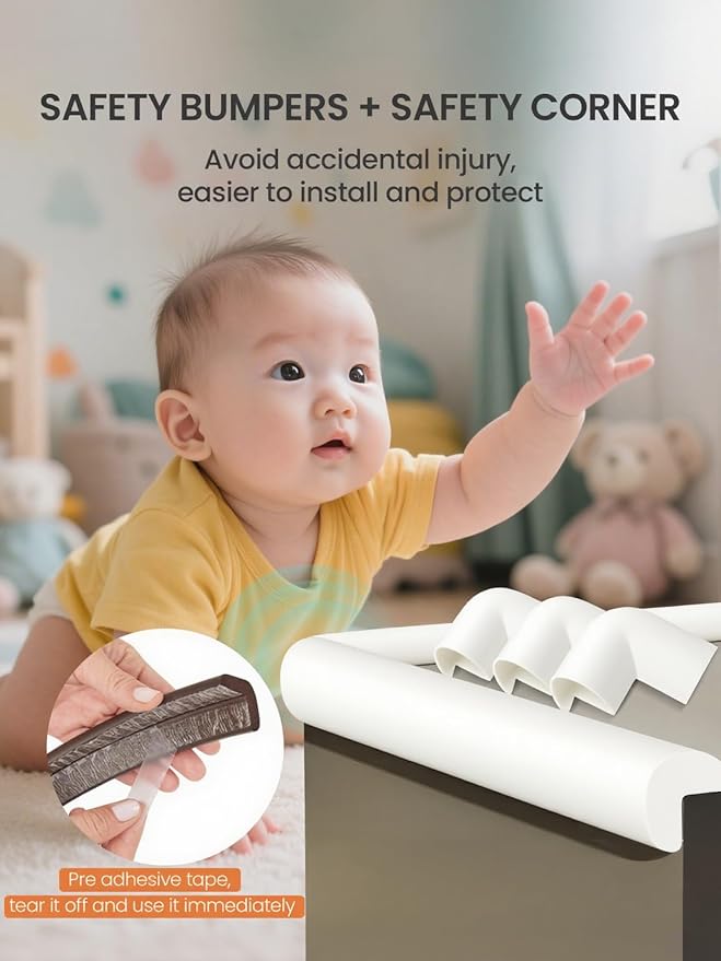 Baby Proof Edge Corner Protector, 6.56FT 0.47''Th L-Shape Furniture Corner & Edge Safety Bumpers with 6 Corners, Pre-Taped, Soft NBR Rubber Foam Desk Edge Cushion Wall Corner Protector（White）