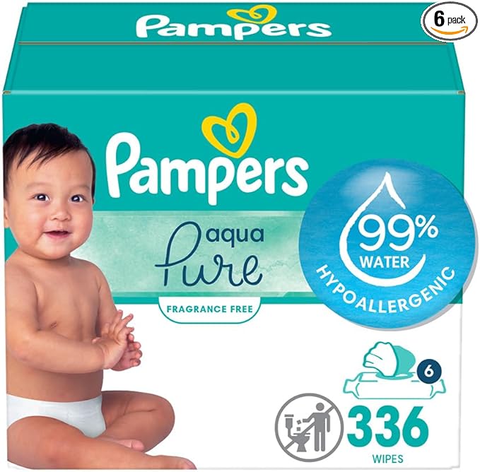 Pampers Baby Wipes Aqua Pure, 99% Water Based Wipes, Hypoallergenic and Unscented Infant Wipe, 336 Total (6 Flip-Top Packs)