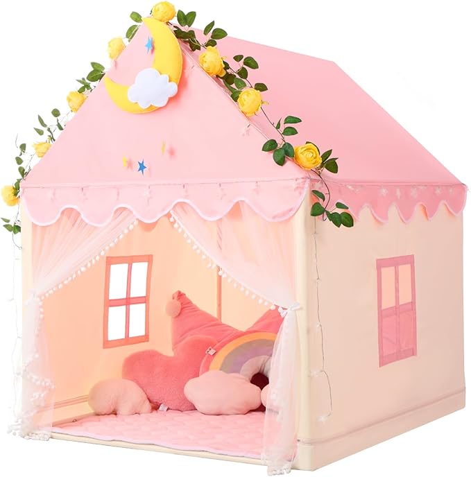 Wilwolfer Kid Tent with Mat, Star Lights - Kids Play Tents for Toddlers Kids Tents Indoor Playhouse - Princess Tent for Girls Toy House Gift (Pink with Mesh)