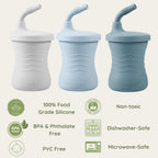 PandaEar Silicone Training Cup, 3 Pack Baby Drinking Sippy Cups with Straw for Baby and Toddler 6 Months+ (Dark Blue/Light Blue/Gray)