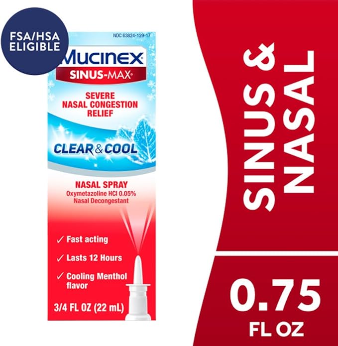 Mucinex Nasal Decongestant Spray, Sinus-Max Severe Nasal Congestion Relief Clear & Cool Nasal Spray, Lasts 12 Hours, Fast Acting, Cooling Menthol Flavor, Packaging May Vary, 0.75 Fl Oz (Pack of 6