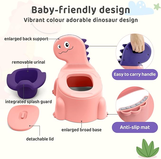 Potty Seat Baby Training Chair Boys Girls Toddler Dinosaur Comfortable children 1-5 years old Baby toilet Animal seat with lid back potty trainer (Pink)