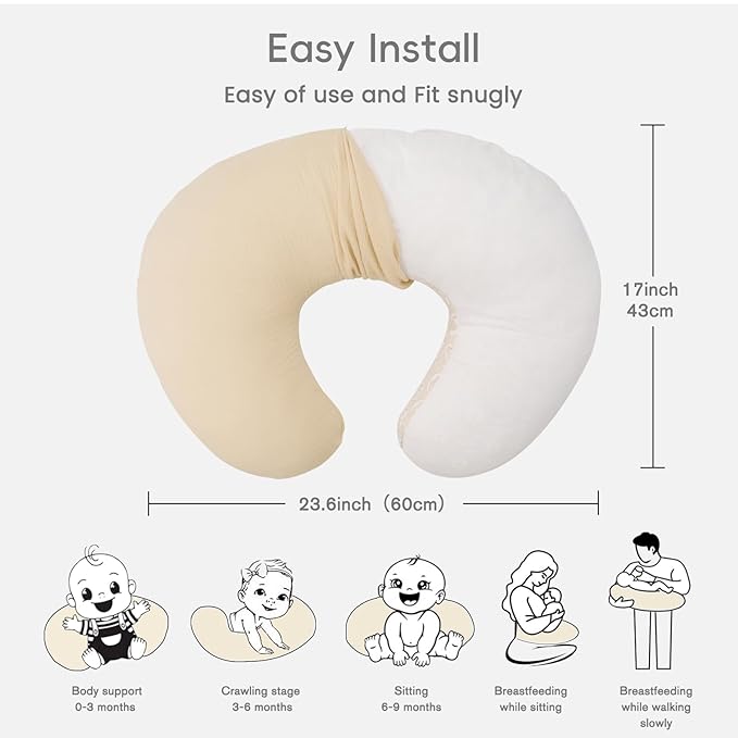 FUNUPUP Muslin Nursing Pillow Cover Compatible with Boppy Nursing Pillow, Soft Baby Nursing Covers for Breastfeeding Pillows for Baby Boys Girls, Beige