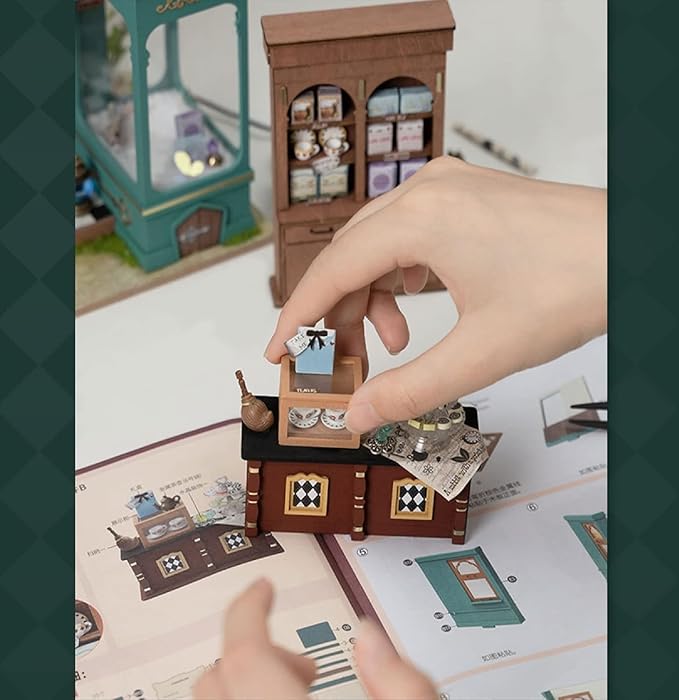 Rolife DIY Miniature House Kit Alice's Tea Store, Tiny House Kit for Adults to Build, Mini House Making Kit with Furniture, Halloween/Christmas Decorations/Gifts for Family Friends (Alice's Tea Store)