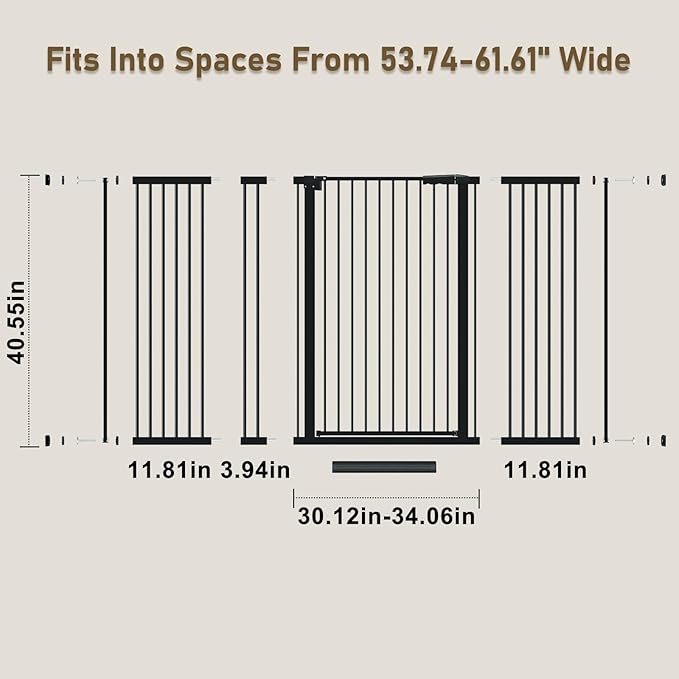 WAOWAO 40.55" Extra Tall 1.37" Ultra Narrow Spacing 53.74-61.61" Extra Wide Dogs Pets Baby Gate Safety Indoor Puppy Pressure Mounted Gate No Drill Black Metal for Stairs,Doorways,Kitchen,Hallway
