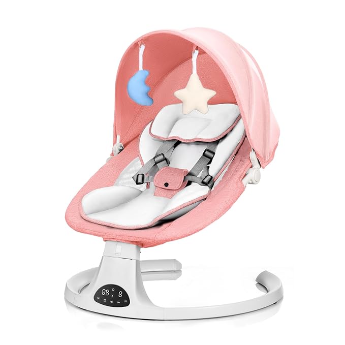 Baby Swing for Newborn to Toddler, 5 Speed Portable Infant Swing with Bluetooth Touch, Remote Control, 10 Lullabies, Timer, 5 Point Harness and Soft Fabric (Pink)