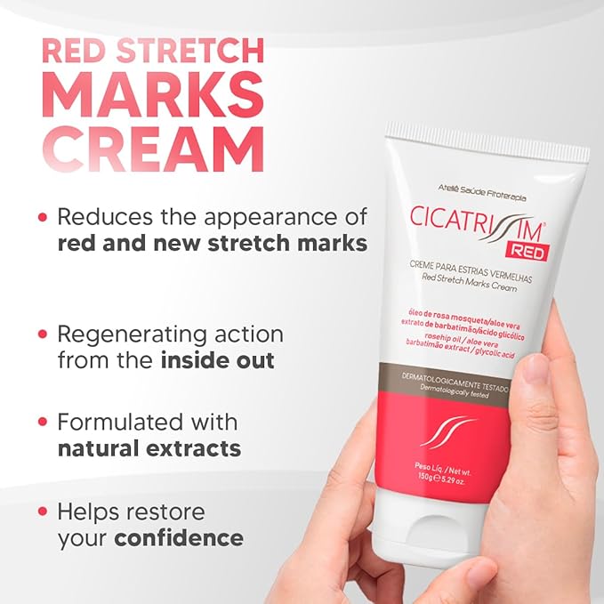 Cicatrissim Red Stretch Mark Cream for Red and Purple Striae - Softens Stretch Marks, Evens Skin Tone, and Firms Skin - All Skin Types - 150g