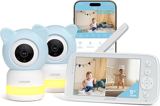 litokam 4MP Baby Monitor with 2 Cameras and Audio, 5-inch 1080P Split-Screen, No WiFi & 5G/2.4G WiFi, Remote Pan-Tilt-Zoom, Night Vision, VOX, Temperature Sensor, 2-Way Talk, 7 Lullabies, 1000ft Range