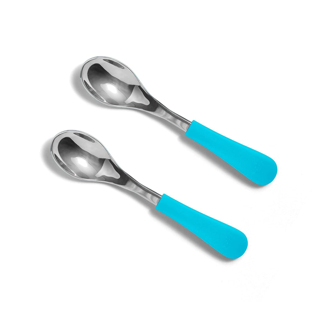 Avanchy Baby Spoons, Forks Stainless Steel and Silicone Set, Self Feeding Food Utensils, 4 Months Baby Led Weaning
