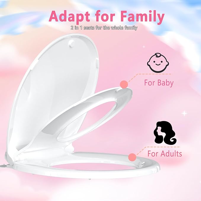 Toddler Toilet Seat with Potty Training Seat Round 16.5inch, 2 in 1 Toilet Seat for Family Built-in Baby Seat Removable, Soft Close + Easy Clean, PP Safe Material, White