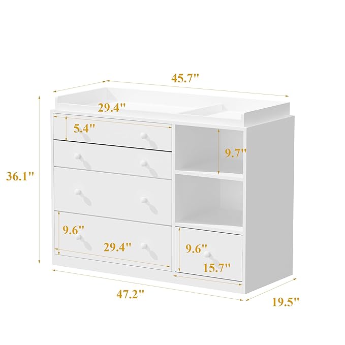 Lovinouse 47" Baby Nursery Dreser Diaper Changing Table Furniture with 5 Drawers and 2 Shelves, Dresser for Baby Nursery with Storage & Removable Changing Top Station,Bedroom,Children's Room, White