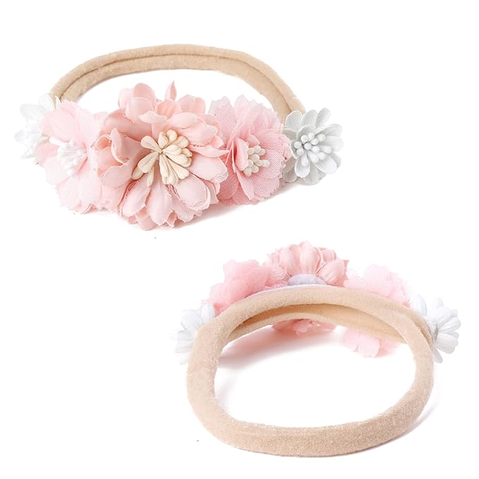 Baby Girl Nylon Headbands Flower Hair Bows Accessories-Elastic Hair Band Crown Handmade FLoral Wraps Birthday Gifts for Girls Newborn Infant Toddler 3Pcs