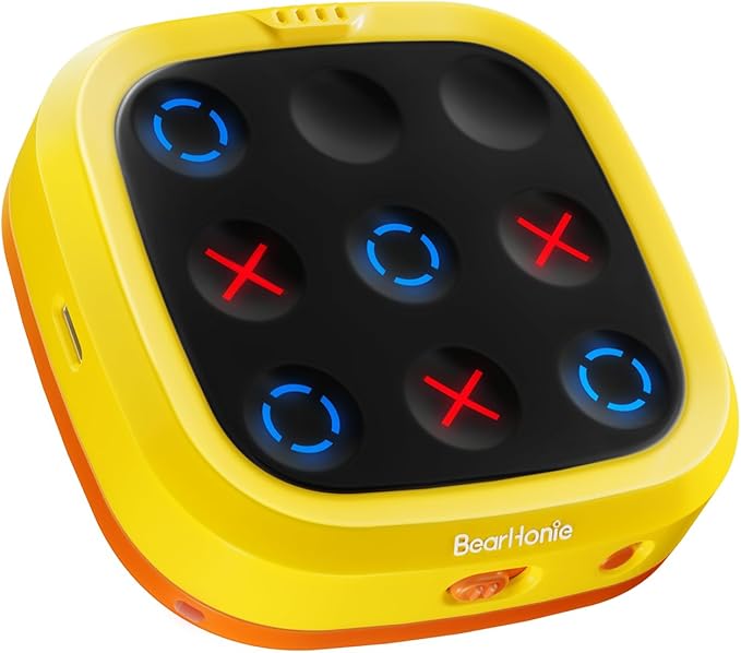 4-in-1 Handheld Tic Tac Toe Game Portable Electronic Board Games for Kids & Adults, Travel Games, Birthday Gifts, Yellow