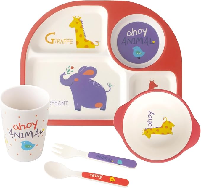 Kids Feeding Set 5 Pcs, Tableware Set for Toddlers Includes Plate Bowl Cup Fork and Spoon Utensil Flatware, Kids Flatware Set Dishwasher Safe, BPA Free (Animalworld)