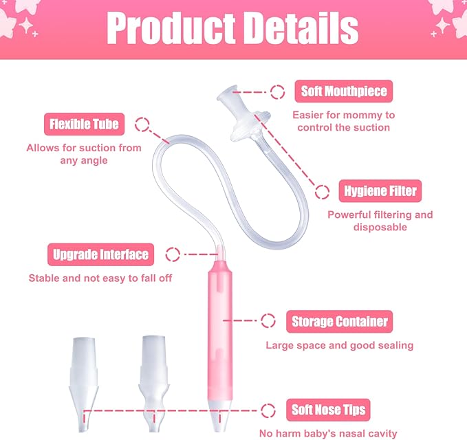 Baby Nasal Aspirator Nasal Congestion Relief with 25 Hygiene Filters 2 Silicone Tips with Nose Cleaning Tweezer, Pink