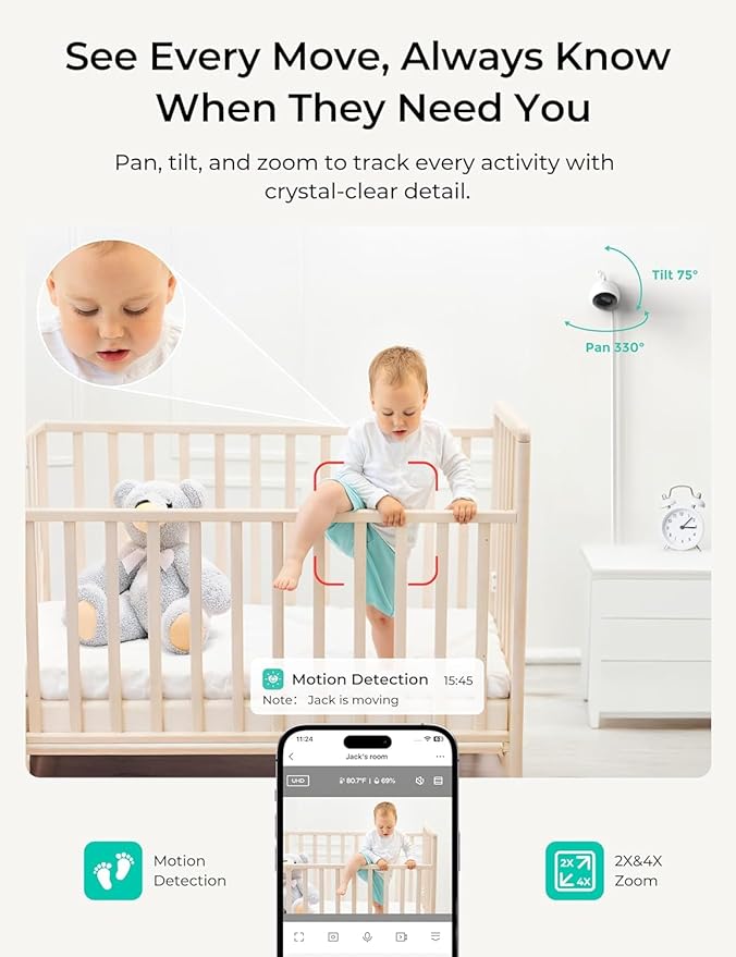 VistaView Lite Smart WiFi Baby Monitor with 2 Cameras- 4” 720P Split Screen & 1080P Camera App Control, Motion Alerts, Night Vision, 3000mAh Battery, 2-Way Talk, Triple Security, 1000ft Range
