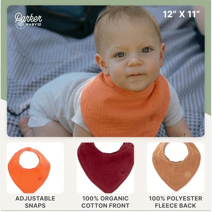 Parker Baby Muslin Bandana Drool Bibs | 100% Soft Muslin Cotton, Absorbent & Adjustable | Stylish Teething & Drooling Bibs