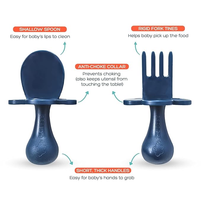 Grabease Baby Feeding Utensils Set - Infant and Baby Fork and Spoon for Ages 1-11 Months, BPAs and Phthalate-Free Cutlery, Plastic, 1 Set, Navy