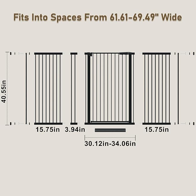 WAOWAO 40.55" Extra Tall 1.37" Ultra Narrow Spacing 61.61-69.49" Extra Wide Dogs Pets Baby Gate Safety Indoor Puppy Pressure Mounted Gate No Drill Black Metal for Stairs,Doorways,Kitchen,Hallway