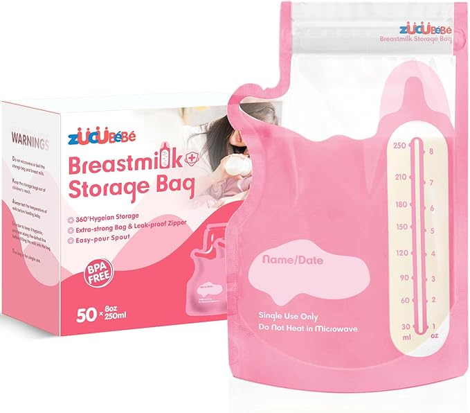 Breastmilk Storage Bags(50 Count)，8oz Milk Storage Bags for Breastfeeding，BPA Free with Easy Pour Spout, Self Standing, for Refrigeration and Freezing Red