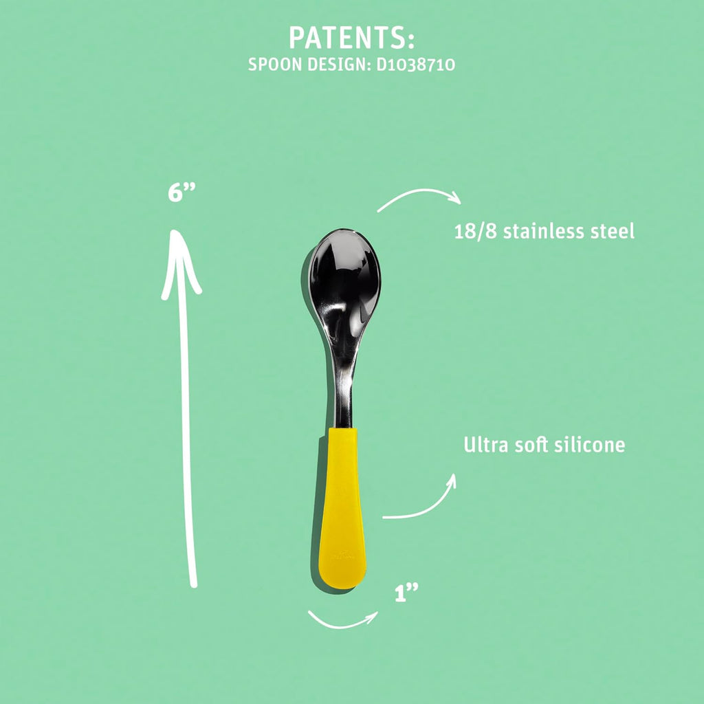 Avanchy Baby Spoons, Forks Stainless Steel and Silicone Set, Self Feeding Food Utensils, 4 Months Baby Led Weaning