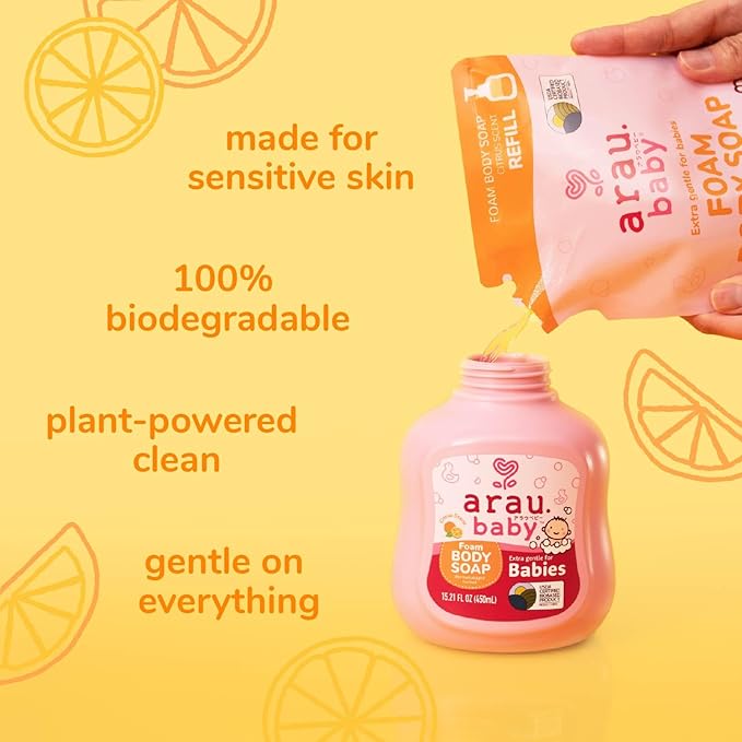Arau Baby Foam Body Soap, Citrus Scent Refill, Natural Plant Based Foaming Body Wash for Babies, Infants and Toddlers, Gentle on Sensitive Skin, No Artificial Fragrance or Additives, 15.21 Fl Oz