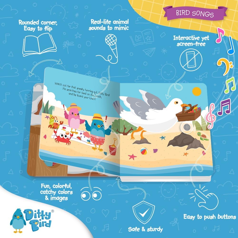 Ditty Bird Animal Sounds Book for Toddlers – Interactive Book Featuring Cuckoo, Blue Tit, Herring Gull, Tawny Owl & Dove Sounds | Musical Board Book for Ages 1-3 | Perfect Educational Gift for Toddler