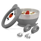 MR. CHOU Baby Bowl Set with Spoon & Fork, Insulated Double-Layer 18/8 Stainless Steel Toddler Bowls with Silicone Suction Cup & BPA Free Airtight Lids, Food Grade Infant Self-Feeding Bowl, Gray