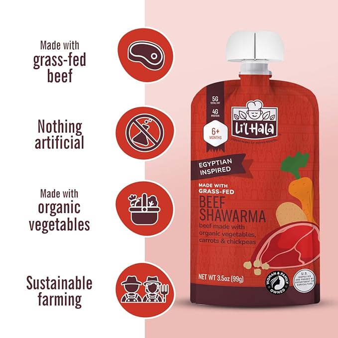 Li’l Hala Baby Food Pouches – 24 Total (2 Flavors) – Grass-Fed Beef Shawarma & Roast Beef with Organic Veggies – Protein & Healthy Fats – Toddler Meat Puree Meals for 6+ Months – No Hormones – 3.5 oz