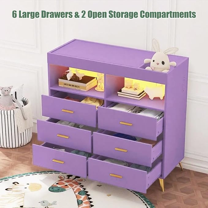Dresser for Bedroom with 6 Drawers, Multi-Functional Nursery Dresser with LED Lights & Charging Station,Baby Changing Table Table with Diaper Changing Station