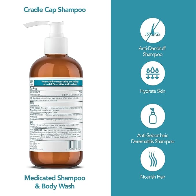 Happy Cappy Cradle Cap Medicated Shampoo and Body Wash with Comb - Baby Dandruff Shampoo, Helps Infants with Seborrheic Dermatitis, Reduces Flakes, Dermatologist Tested, Fragrance Free - 8 fl oz
