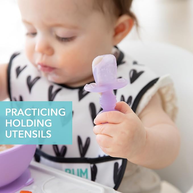 Bumkins Baby Utensils Set, Chewtensils Silicone Spoons for Dipping, Self-Feeding, Baby Led Weaning, Trainer Learning, First Stage Eating, Soft Practice Fork and Spoon, Babies 6 Months, Purple Jelly