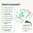 Willow - Go Double Hands Free Breast Pump w/Milk Bags and Glass Milk Pitcher Bundle