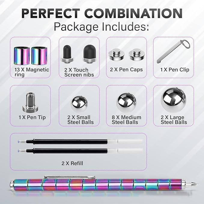 Magnetic Fidget Pen - Perfect Writing and Spinner Magnet Toy Combination, Figette Figit Pen with 13 Magnetic Rings, Ideal Office Study Gift for Kids 8+, Teens & Adults with ADHD(Colorful)