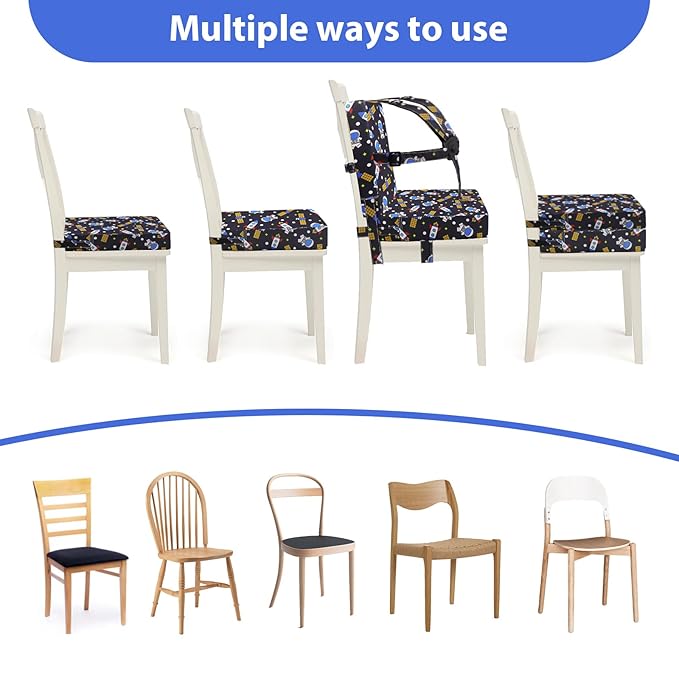 Toddler Booster Seat for Dining Table, Adjustable Safety Buckle Child Booster Seat with Backrest, PU Waterproof Easy Cleaning Portable Booster Cushion (Black)