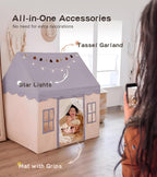 Little Dove Play Tent with mat, Star Lights, Tissue Garland, Kids playtent Indoor, Toddler Play Tent Large Outdoors for Kids Aged 3+, 52" x35" x 52", Toddler Teepee Play House with Windows Grey Color