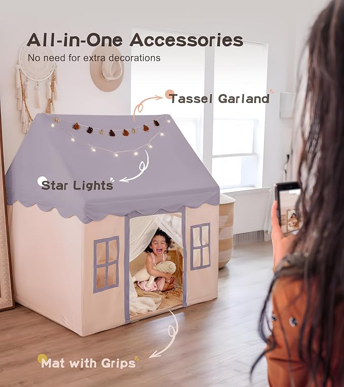 Little Dove Play Tent with mat, Star Lights, Tissue Garland, Kids playtent Indoor, Toddler Play Tent Large Outdoors for Kids Aged 3+, 52" x35" x 52", Toddler Teepee Play House with Windows Grey Color
