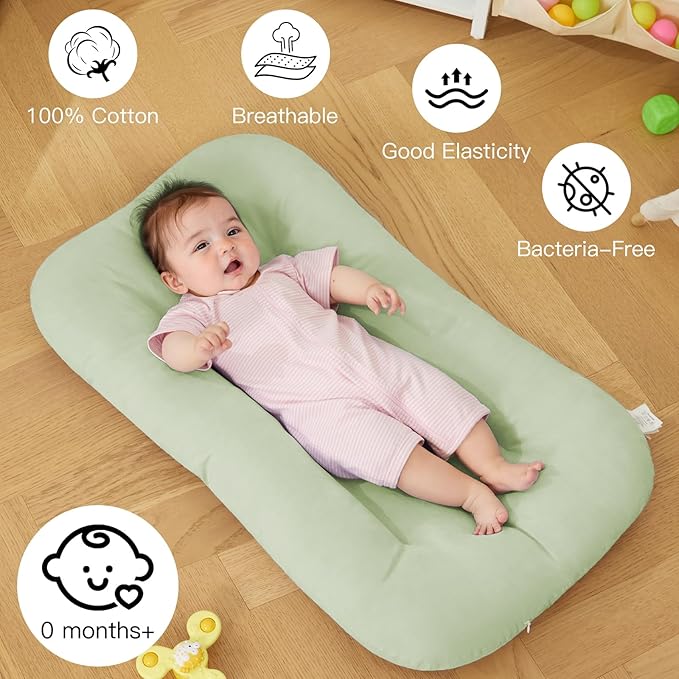 Baby Lounger for Newborn, Bionic Design Baby Lounger, Soft Organic Cotton Breathable Lounger for Infants 0-18 Months (Green)