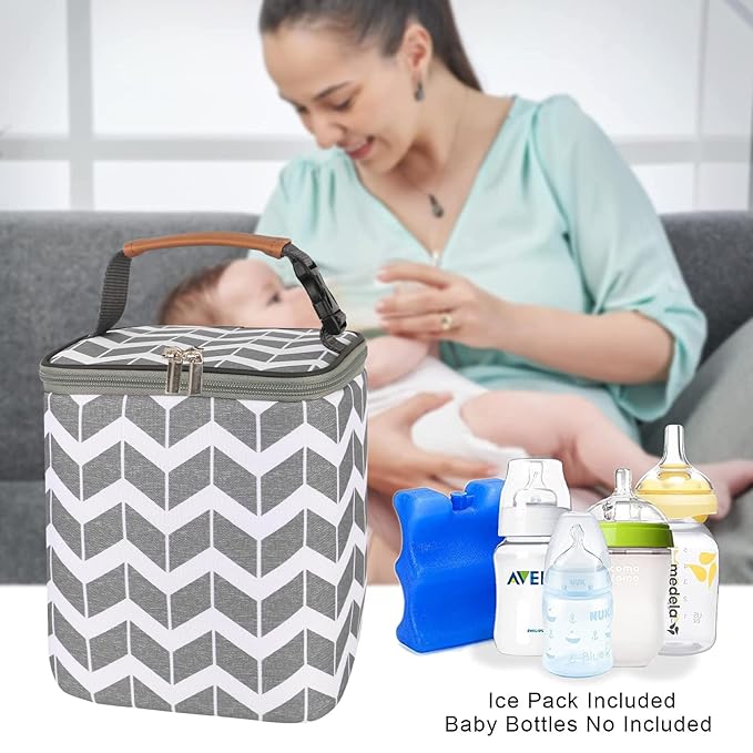 BreastMilk Cooler Bag with Ice Pack Fits 4 Baby Bottles Up to 9 Ounce, Large Baby Bottle Bag Fits for Nursing Mom Daycare