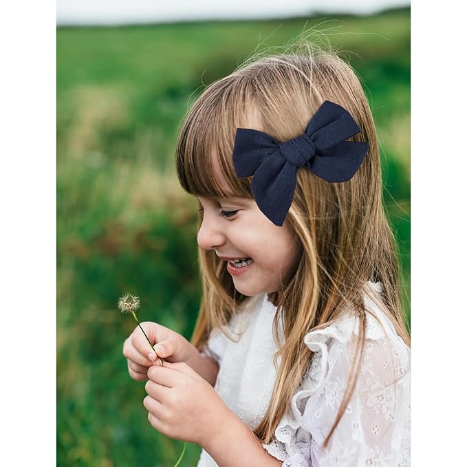 DEEKA 4 PCS Navy Blue Cotton Linen Hair Bows 3 Styles 5" & 4" Handmade Hair Bow set for Toddler Girls Alligator Hair Clips Knot Bows Hair Accessories for Little School Girls (Navy Blue)