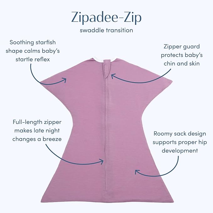 SleepingBaby Zipadee-Zip Transition Swaddle - Cozy Baby Swaddle Blanket with Zipper Convenience - Roomy Wearable Blanket for Easy Diaper Changes - Classic Lavender, X-Small (3-6 Month)