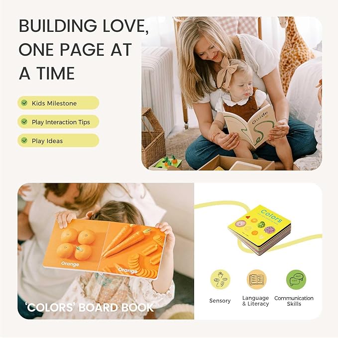 Tiny Land Montessori Toy Set for Baby 13-15 Months Explorer Play Kit - 7-in-1 Baby Drum, Carrot Harvesting and Coin Boxes, Stacking and Color Matching Plate, Size Matching Puzzle, Color Board Book