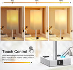 Touch Bedside Table Lamp for Nightstand - 3-Way Dimmable Night Lamp with USB A + Type C Charging Ports and Two AC Outlets, Small Desk Light with E26 LED Bulb for Bedroom Living Room Dorm Office,White